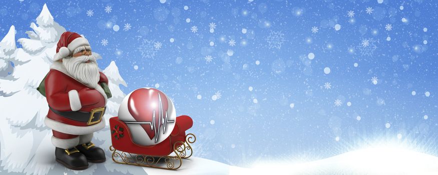 Christmas greetings in medicine Santa Claus rides a sleigh across a snow-covered field with a balloon with a heart pattern and an electrocardiogram. Banner, copy of the space. 3D rendering