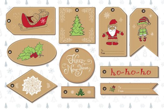 Set of New Year gift tags vector template, Hand drawn Sketch elements with Lettering set. Present cards design of happy new year 2016. Doodles and festive elements,  Vector Illustration.