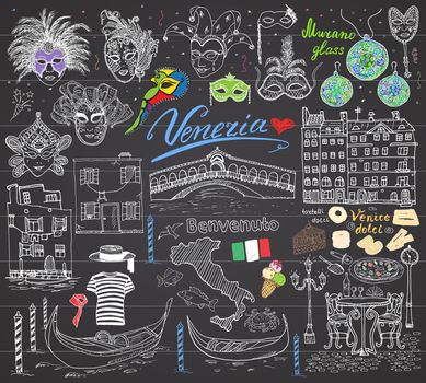 Venice Italy sketch elements. Hand drawn set with flag, map, gondolas gondolier clothe, houses, pizza, traditional sweets, carnival venetian masks, market bridge. Drawing doodles on chalkboard.