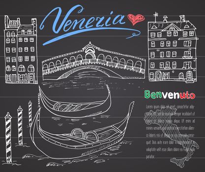 Venice Italy sketch elements. Hand drawn set with flag, map, gondolas, houses, market bridge. Lettering Venice, welcome in Italian. Drawing doodle collection and sampe text, on chalkboard.