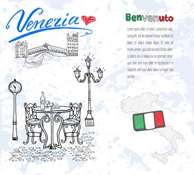 Venice Italy sketch elements. Hand drawn set with flag, map, gondolas, houses, market bridge. Lettering Venice, welcome in Italian. Drawing doodle collection and sampe text, isolated.