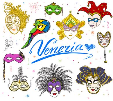 Venice Italy sketch carnival venetian masks Hand drawn set. Drawing doodle collection isolated.