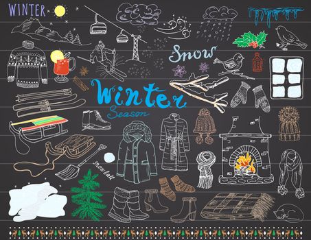 Winter season set doodles elements. Hand drawn set with glass hot wine, boots, clothes, fireplace, mountains, ski and sladge, warm blanket, socks and hats, and lettering words. Drawing set.