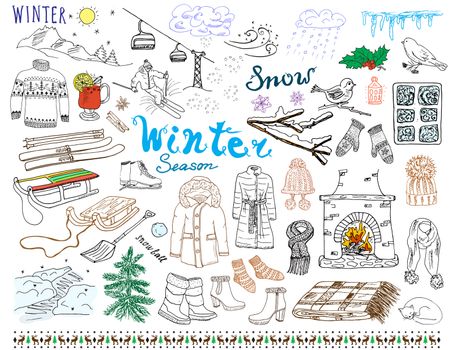 Winter season set doodles elements. Hand drawn set with glass hot wine, boots, clothes, fireplace, mountains, ski and sledge, warm blanket, socks and hats, and lettering words. Drawing set, isolated.