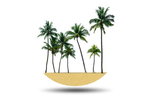 Group of coconut trees with the sands on the beach isolated on white background.