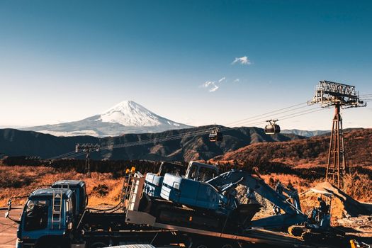 Beautiful Fuji mountain with snow covered on the top in the winter season in Japan with cable car, Teal and Orange tone.