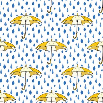 Rain drops and umbrella seamless pattern. Hand drawn vector illustration