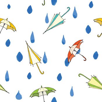 Rain drops and umbrella seamless pattern. Hand drawn vector illustration