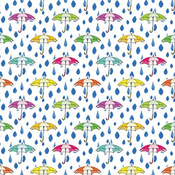 Rain drops and umbrella seamless pattern. Hand drawn vector illustration