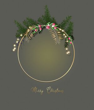 Christmas Wreath. Elegant floral design of Wreath with lights and decorations. Gold text Merry Christmas over pastel background. Greetings, 2021 invitation, flyer, brochure, cover. 3D illustration
