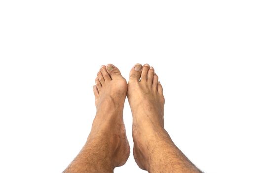 Closeup men's feet isolated on white background.