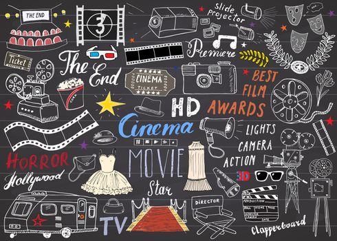 Cinema and Film Industry Set. Hand Drawn Sketch, Vector Illustration on Chalkboard.