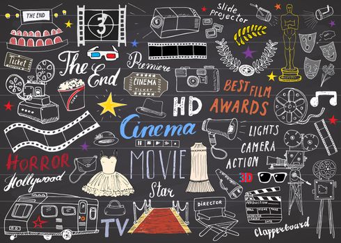 Cinema and Film Industry Set. Hand Drawn Sketch, Vector Illustration on Chalkboard.