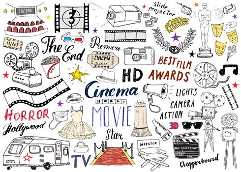 Cinema and Film Industry Set. Hand Drawn Sketch, Vector Illustration