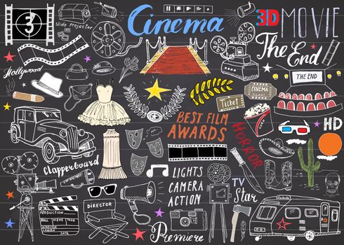 Cinema and Film Industry Set. Hand Drawn Sketch, Vector Illustration on Chalkboard.