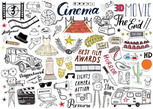 Cinema and Film Industry Set. Hand Drawn Sketch, Vector Illustration