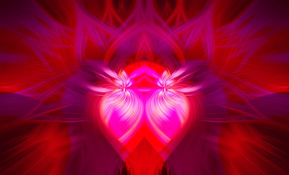 Beautiful abstract intertwined 3d fibers forming a shape of sparkle, flame, flower, interlinked hearts. Pink, purple, maroon and red colors. Illustration.