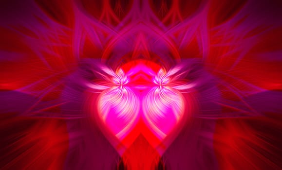 Beautiful abstract intertwined 3d fibers forming a shape of sparkle, flame, flower, interlinked hearts. Pink, purple, maroon and red colors. Illustration.