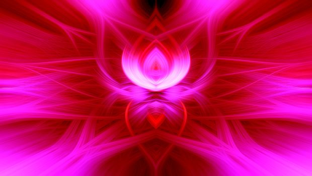 Beautiful abstract intertwined 3d fibers forming a shape of sparkle, flame, flower, interlinked hearts. Pink, purple, maroon and red colors. Illustration.