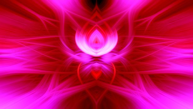 Beautiful abstract intertwined 3d fibers forming a shape of sparkle, flame, flower, interlinked hearts. Pink, purple, maroon and red colors. Illustration.
