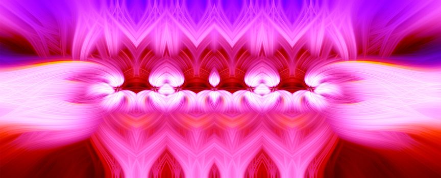 Beautiful abstract intertwined 3d fibers forming a shape of sparkle, flame, flower, interlinked hearts. Pink, purple, maroon and red colors. Illustration. Banner and panorama size. Banner and panorama size.