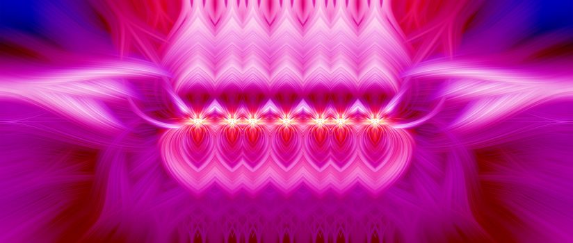 Beautiful abstract intertwined 3d fibers forming a shape of sparkle, flame, flower, interlinked hearts. Pink, purple, maroon, red, and blue colors. Illustration. Banner and panorama size.