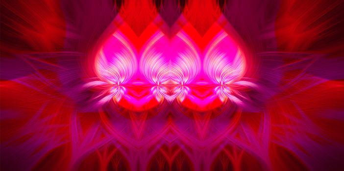 Beautiful abstract intertwined 3d fibers forming a shape of sparkle, flame, flower, interlinked hearts. Pink, purple, maroon and red colors. Illustration. Banner and panorama size.