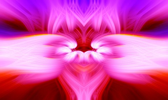 Beautiful abstract intertwined 3d fibers forming a shape of sparkle, flame, flower, interlinked hearts. Pink, purple, maroon and red colors. Illustration.