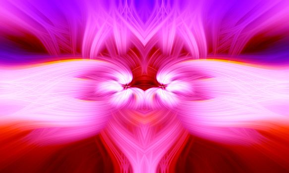 Beautiful abstract intertwined 3d fibers forming a shape of sparkle, flame, flower, interlinked hearts. Pink, purple, maroon and red colors. Illustration.