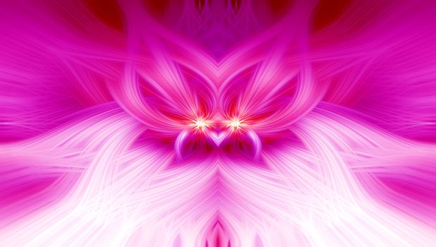Beautiful abstract intertwined 3d fibers forming a shape of sparkle, flame, flower, interlinked hearts. Pink, purple, maroon and red colors. Illustration.