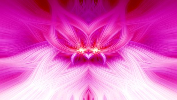 Beautiful abstract intertwined 3d fibers forming a shape of sparkle, flame, flower, interlinked hearts. Pink, purple, maroon and red colors. Illustration.