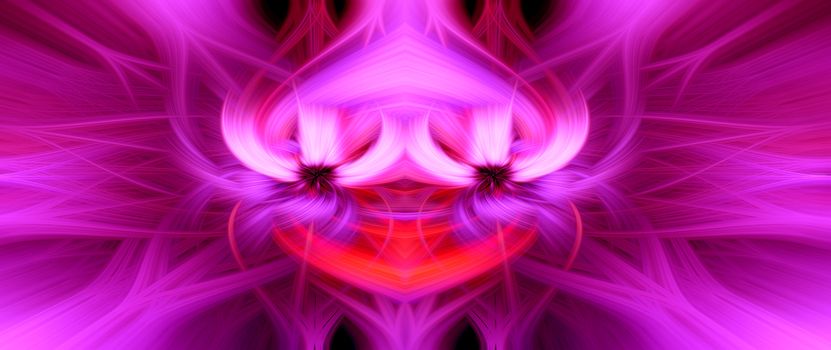 Beautiful abstract intertwined 3d fibers forming a shape of sparkle, flame, flower, interlinked hearts. Pink, purple, maroon and red colors. Illustration. Banner and panorama size.