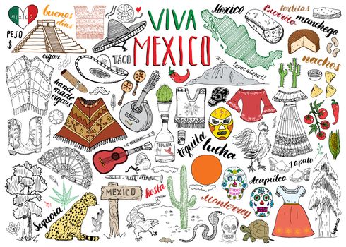 Mexico hand drawn sketch set vector illustration chalkboard.