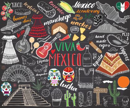 Mexico hand drawn sketch set vector illustration chalkboard.