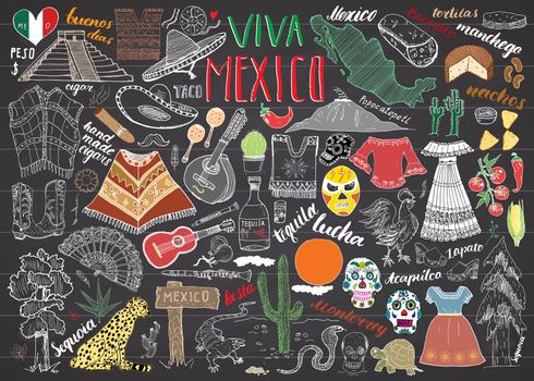 Mexico hand drawn sketch set vector illustration chalkboard.