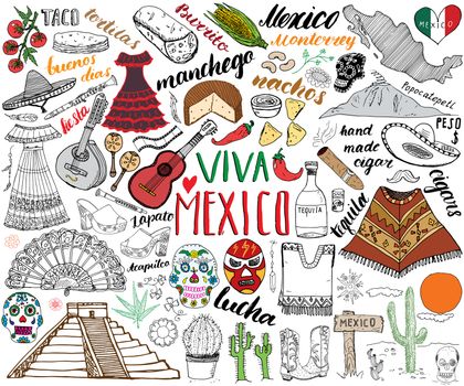 Mexico hand drawn sketch set vector illustration.