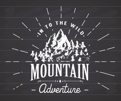 Mountains handdrawn sketch emblem. outdoor camping and hiking activity, Extreme sports, outdoor adventure symbol, vector illustration on chalkboard background.