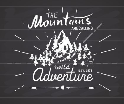 Mountains handdrawn sketch emblem. outdoor camping and hiking activity, Extreme sports, outdoor adventure symbol, vector illustration on chalkboard background.