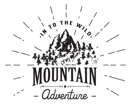 Mountains handdrawn sketch emblem. outdoor camping and hiking activity, Extreme sports, outdoor adventure symbol, vector illustration isolated on white background.