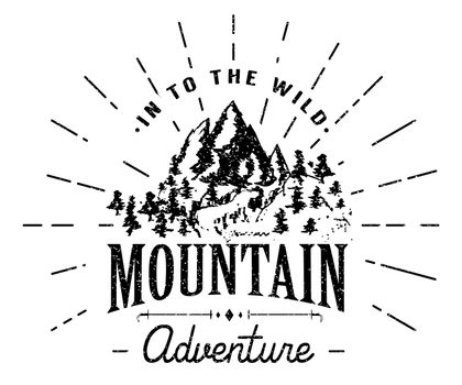 Mountains with forest and lake landscape flat vector illustration, for camping and hiking, Extreme sports, outdoor adventure, with recreation place, tents and fire.