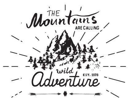 Mountains handdrawn sketch emblem. outdoor camping and hiking activity, Extreme sports, outdoor adventure symbol, vector illustration isolated on white background.