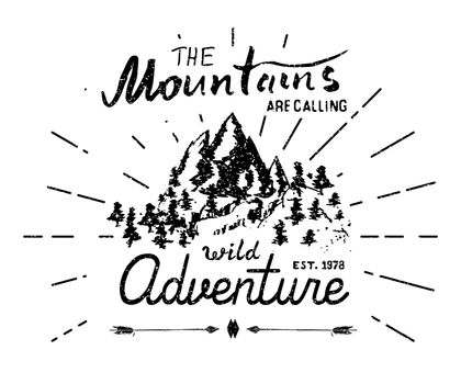 Mountains handdrawn sketch emblem. outdoor camping and hiking activity, Extreme sports, outdoor adventure symbol, vector illustration on grunge background.