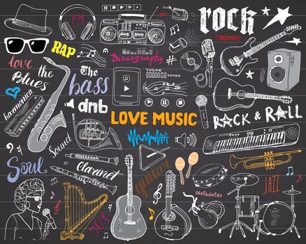 Music Instruments Set. Hand Drawn Sketch, Vector Illustration On Chalkboard