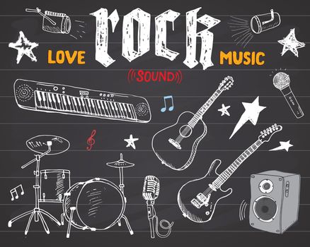 Music Instruments Set. Hand Drawn Sketch, Vector Illustration On Chalkboard