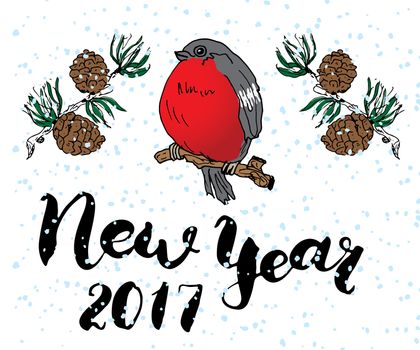 New year 2017 lettering. Hand drawn vector illustration with bird and pine tree branches