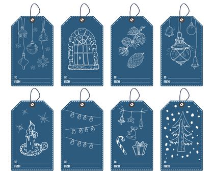 Winter and New Year gift tags set. Hand drawn sketch greeting cards template with doodles festive elements. Vector illustration