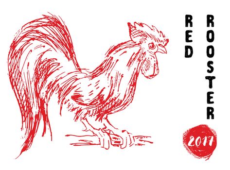 Red rooster or cock symbol of 2017 year. Hand drawn sketch vector illustration