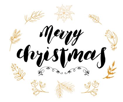 Merry Chistmas lettering with floral and pine branches frame. Hand drawn vector illustration