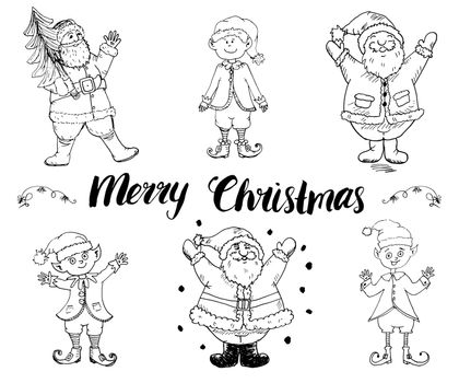 Santa Claus and elfs, gnomes Hand drawn set. Merry Christmas lettering. vector illustration isolated on white