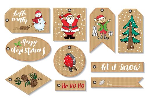 New Year and Christmas gift tags set. Hand drawn sketch greeting cards template with doodles festive elements. Vector illustration